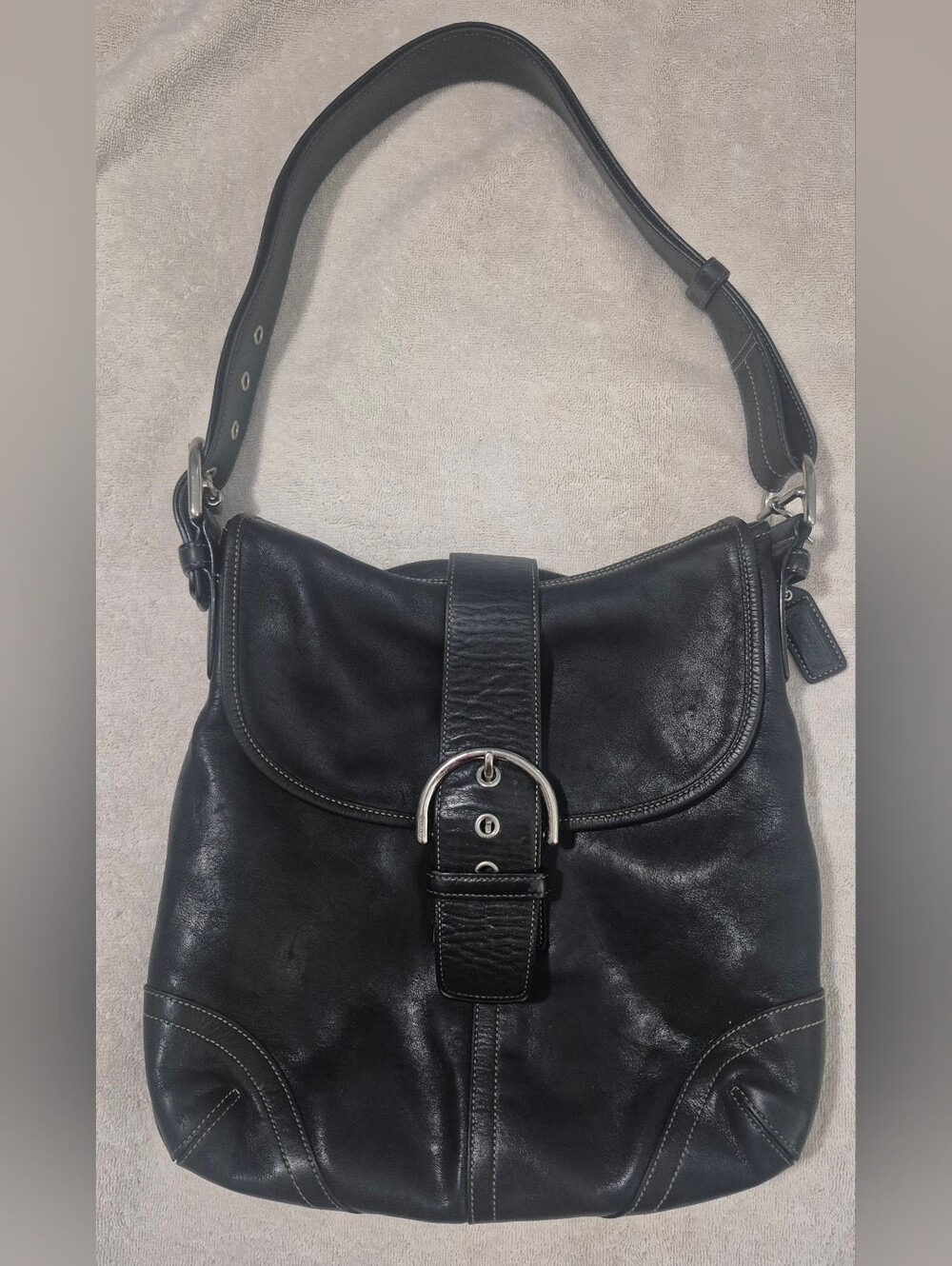 Coach Vintage Black Leather Shoulder Bag with Silver Hardware